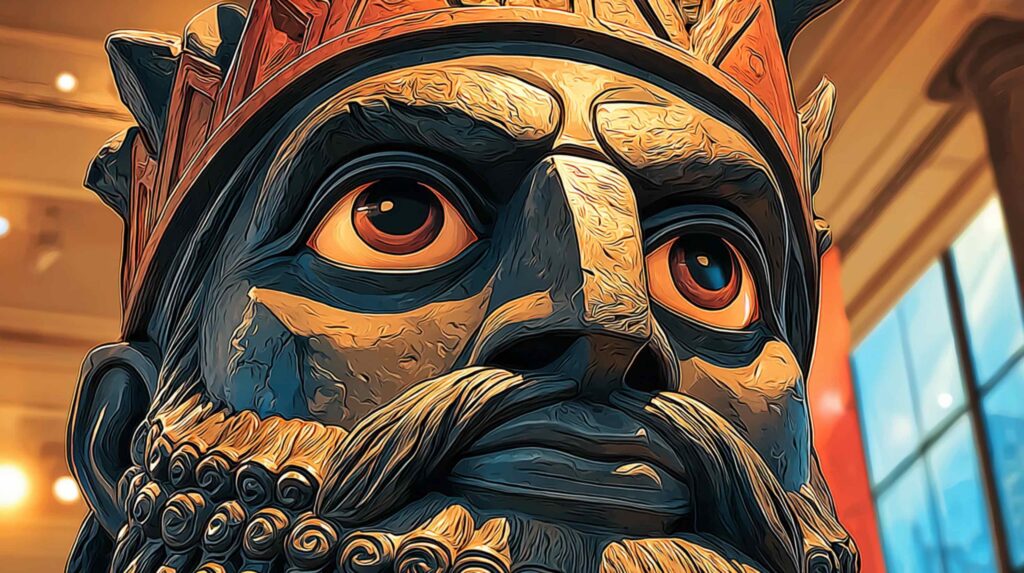 A dark-cinematic, close-up rendering of a bronze Akkadian ruler's head often identified as Sargon its surface oxidized to deep green and copper brown, the face weathered and commanding, eyes hollow but alert. Museum lighting from a single low-angle source casts deep shadows across the cheekbones. The effect is timeless authority worn down but not diminished by time.
