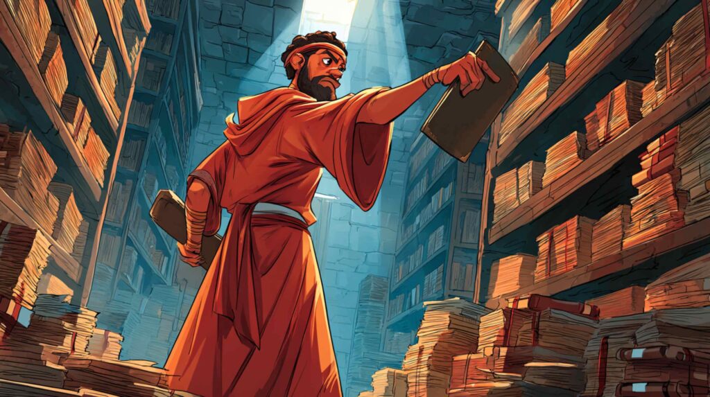 A hyper-realistic, dark-cinematic depiction of Ashurbanipal's royal library at Nineveh row upon row of clay tablets stacked on shelving cut into stone walls, the room lit by a single shaft of light from a high window, dust motes suspended in the beam. A robed scribe in the foreground runs a finger across a tablet's surface, reading. The sense is of impossible quiet inside an empire defined by noise.
