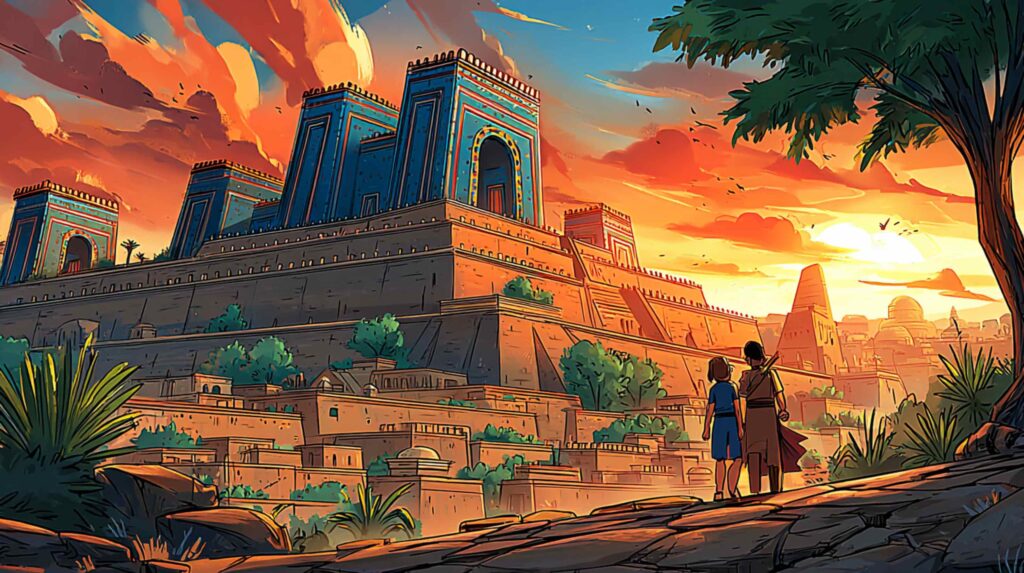 A sweeping, painterly cinematic vision of Babylon at twilight from across the Euphrates the Ishtar Gate's vivid blue tiles catching the last light at center frame, the Processional Way leading through it toward the dark ziggurat silhouette, the sky a gradation from deep orange at the horizon to near-black above. In the middle distance, green terraced structures rise above the roofline like an impossible dream attached to a real city.