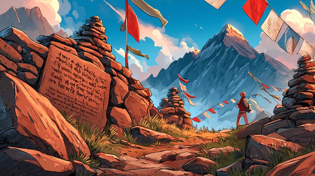 A cinematic, low-light depiction of a high-altitude mountain pass at dusk a mani stone wall in the foreground covered in carved Tibetan script, prayer flags strung between stone cairns catching the last horizontal light, the mountain face behind dissolving into cloud. The atmosphere should be simultaneously devotional and desolate human markings asserting presence against a landscape that is completely indifferent to them, and somehow winning.