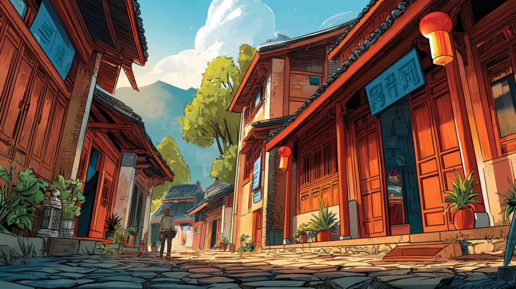 A wide-angle, warm-toned cinematic shot of Shaxi's central market square at dawn stone-paved open space ringed by dark timber merchant houses with deep-overhanging eaves, mist low over the rooflines, a single lantern still lit under the nearest arcade. The image should feel both ancient and completely intact not as a ruin but as a pause. The architecture in sharp focus, the atmosphere soft, the square a stage between performances
