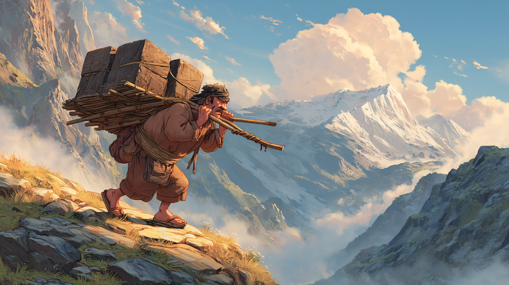 A hyper-realistic, wide-angle cinematic shot of the Hengduan Mountain range at dawn near-vertical gorge walls dropping into mist-filled valleys below, a narrow stone path carved into the cliff face threading the middle distance, a single figure silhouetted against pale morning light with a bamboo frame load visible on their back. The color palette is cold blue-grey stone, warm amber sky, and the white of low cloud. The sense of scale should make the human figure appear almost impossibly small against the geological mass. The image should feel less like adventure and more like testimony.