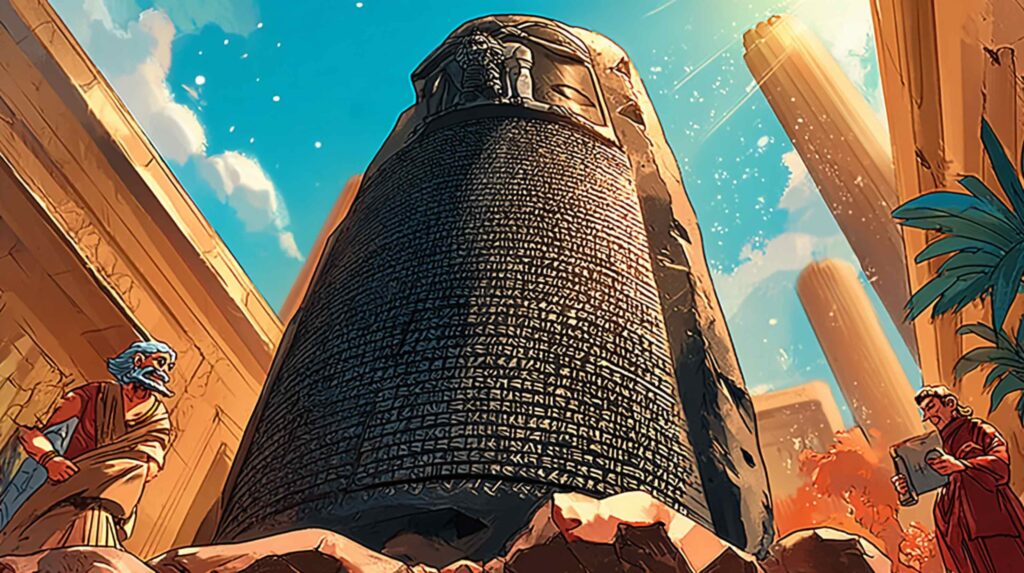 A close-up, high-contrast photorealistic rendering of the black diorite stele of Hammurabi the carved cuneiform text filling the lower two-thirds of the frame, precise and dense, lit from directly above to emphasize the incised depth of each character. At the upper portion, barely in frame, the carved image of Hammurabi receiving divine authority from Shamash, the sun god, rendered in sharp bas-relief.