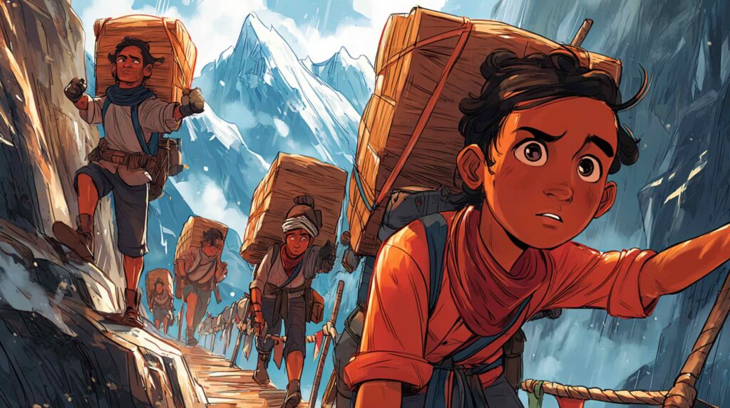 Epic graphic novel cover illustration, ancient Tea Horse Road in the Hengduan Mountains, dramatic vertical composition showing exhausted caravan porters climbing impossibly narrow cliffside trails carved into sheer mountain rock, each carrying enormous bamboo-framed tea brick loads strapped across their foreheads, ghostly ancient path etched into stone like scars, towering snow-capped Hengduan peaks disappearing into storm clouds, rope bridges suspended over terrifying deep mist-filled gorges, Tibetan prayer flags whipping in violent alpine wind, distant caravan of mules climbing dangerous switchbacks, atmospheric blend of Chinese imperial trade history and survival epic, one central weathered porter in foreground with determined expression, cinematic perspective