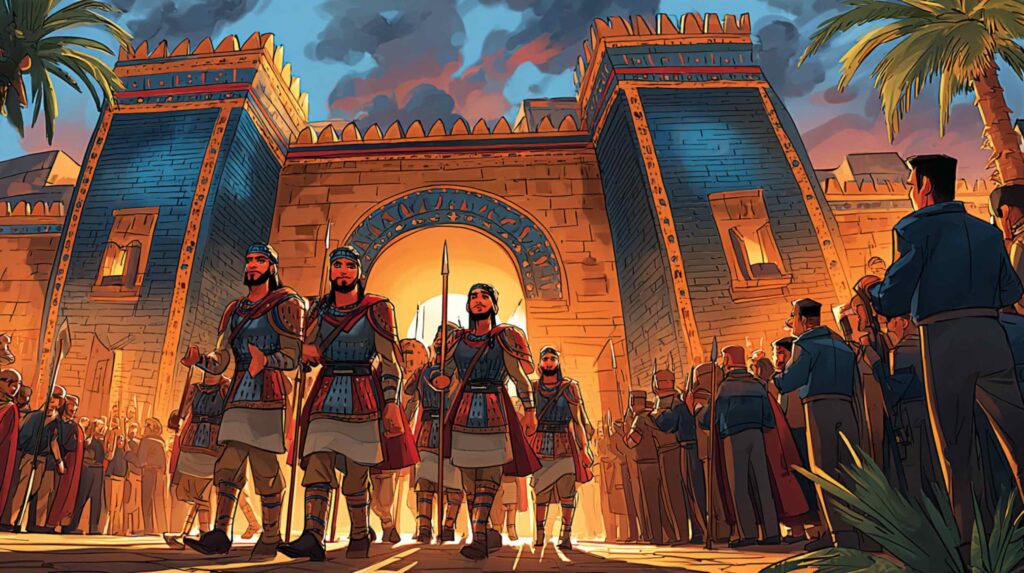 A wide, low-angle cinematic shot of the Ishtar Gate at dusk, Persian soldiers in disciplined formation moving through it not in conquest formation, but in orderly procession. The gate's blue tiles still gleam. The city is intact. The only thing that has changed is whose army is walking through the door. The sky above is the bruised purple of last light