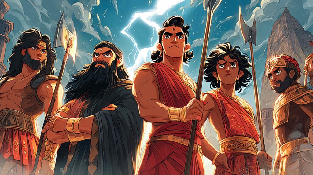 Epic comic-book cover illustration, seven legendary mythological leadership archetypes standing in a dramatic crescent composition like a council of ancient gods, each visually distinct and inspired by their mythology: Hercules as a powerful Greek warrior with lion pelt and massive club, Lord Rama with divine bow and calm regal aura, Odin as a one-eyed Norse strategist in dark robes holding a spear, Shango surrounded by thunder and lightning with ceremonial axe, Itzamná as an ancient wise Mayan scholar deity with glowing codices, Murugan as radiant Tamil warrior god with spear and peacock, Huitzilopochtli as fierce Aztec sun-war deity with elaborate feathered armor, cinematic storm-split sky with gold, crimson, electric blue and deep indigo, ancient ruins from multiple civilizations fading into mist below, dynamic heroic poses, dramatic rim lighting, high contrast shadows, ultra-detailed graphic novel illustration, premium DC/Marvel comic cover aesthetic, cinematic composition, powerful modern leadership symbolism, no text, feature image for editorial blog, visually balanced negative space for title overlay
