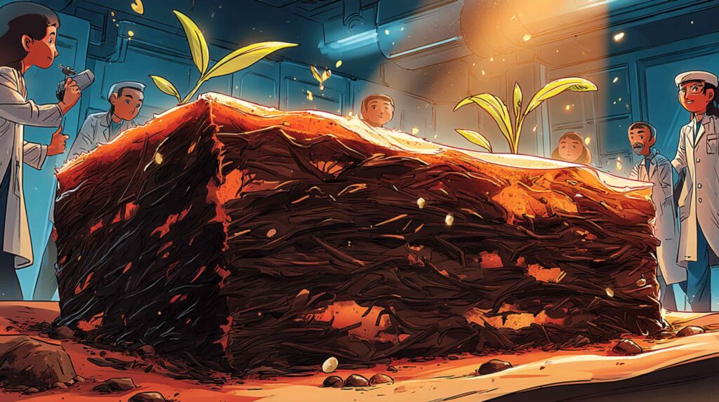 A close-up, high-detail cinematic rendering of a compressed pu-erh tea brick in cross-section the dark, densely packed leaves catching warm side-lighting that reveals the layered internal texture, surface patches of white microbial bloom visible at the edges. The background is deliberately dark, the brick lit as though it were a specimen under examination. The framing should feel more scientific than decorative an object being analyzed rather than displayed.