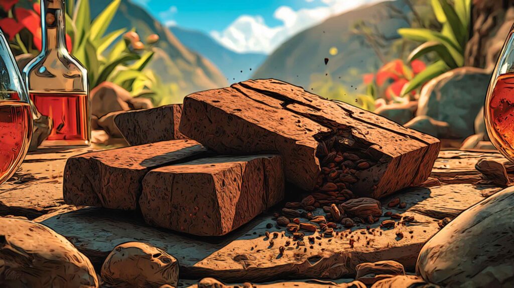 A cinematic still-life arrangement of several compressed pu-erh tea bricks on a rough stone surface in low, raking side-light the dark brick surfaces showing pressed leaf texture in high relief, one brick cracked along its edge to reveal the dense interior. In the background, deliberately out of focus, the suggestion of mountain terrain. The framing crosses a luxury product photograph with an archaeological specimen: an object that is simultaneously precious and functional, ancient and present.