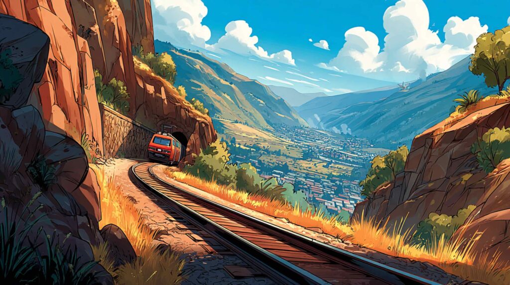 A wide cinematic shot from a high mountain vantage point looking down at a modern railway line cutting through a valley floor, the track a clean geometric line against rough terrain. In the upper portion of the frame, barely visible through atmospheric haze, the faint trace of an ancient path along the ridgeline above. The juxtaposition should be quiet rather than dramatic two eras in the same frame, neither apologizing for existing.