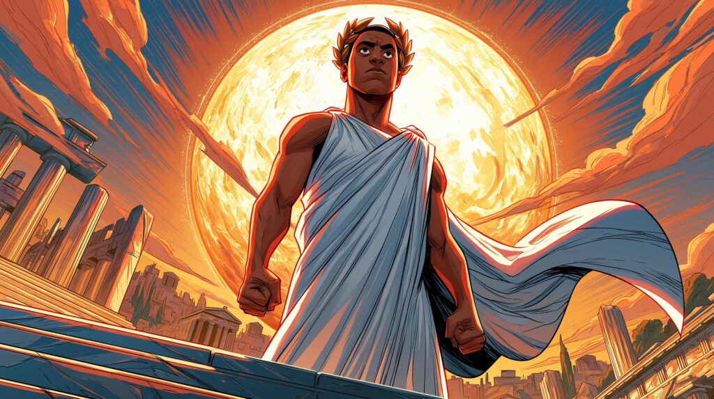 A wide, golden-hour cinematic shot of Apollo ascending in a sun chariot above clouds, radiant and impossibly beautiful, face turned upward while far below in shadow, a group of tiny figures stands in a circle around a scroll, arguing about interpretation. The god is already gone. The light he left behind is blinding but provides no warmth