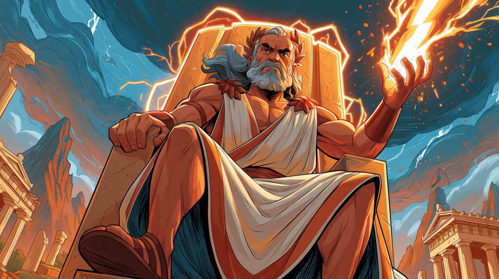 A hyper-realistic, dark-cinematic rendering of Zeus enthroned above storm clouds on Olympus, lightning crackling at his fingertips, his expression bored and regal warm amber light catching the carved marble of his throne while below, tiny figures scatter in chaos. Shot as if from a low angle, emphasizing divine indifference over divine power.
