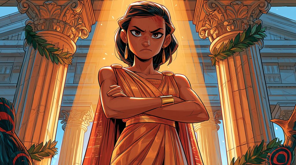 A cinematic, high-contrast depiction of Hera seated on a golden throne, her expression cold and calculating, hand extended toward an unseen target the room flooded with cool, blue-silver light while deep shadow pools behind her. The posture is regal but the eyes carry the weight of someone running out of legitimate options.