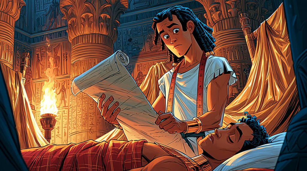 A dark-cinematic depiction of Seth, Egyptian god of chaos, leaning over an ornate golden sarcophagus with a measuring rope in his hands his expression focused and methodical, not manic. Deep desert amber light, long shadows. The image should feel less like violence and more like architecture the god as an engineer of disappearance, not a monster
