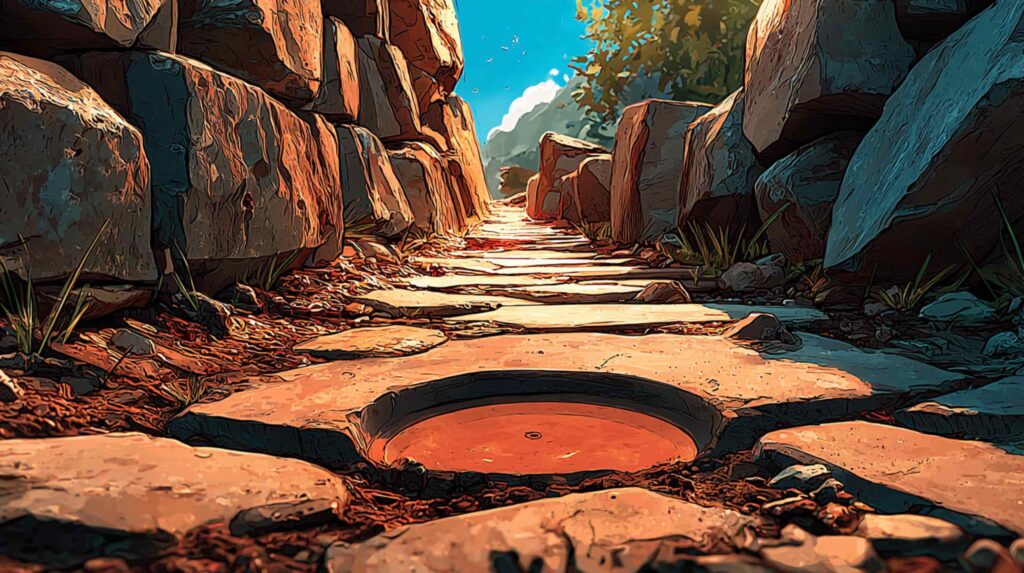 An extreme close-up, hyper-realistic shot of a concave depression worn into ancient stone flagging on a Tea Horse Road waypoint the surface polished smooth by millions of footsteps, the indentation five to eight centimeters deep, the surrounding stone rough and unworked by comparison. Single-direction raking light emphasizes the depth and the precision of the wear. No human presence in frame only evidence of presence, pressed permanently into rock.