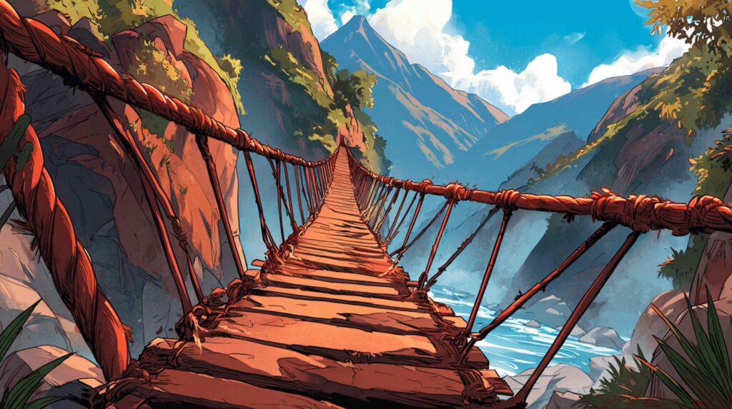 A wide-angle cinematic shot of a traditional rope bridge spanning a Himalayan gorge twisted bamboo and braided plant fiber stretched between two cliff faces, the bridge sagging slightly at its midpoint, mist rising from the river far below rendering the drop abstract and bottomless. The ropes are detailed and textured in the foreground; the far side of the gorge barely visible through low cloud. No human figure in frame. The bridge should feel both fragile and permanent evidence of someone's decision that crossing was worth the attempt.