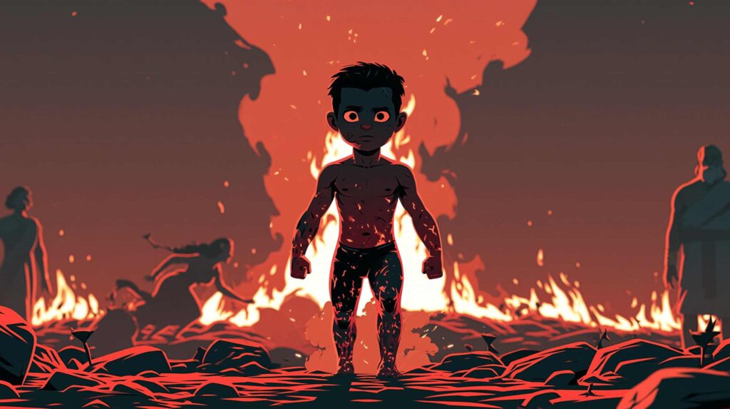 Origin myth of Karuppaswamy   forged from fire, the guardian born through crisis in Tamil mythology