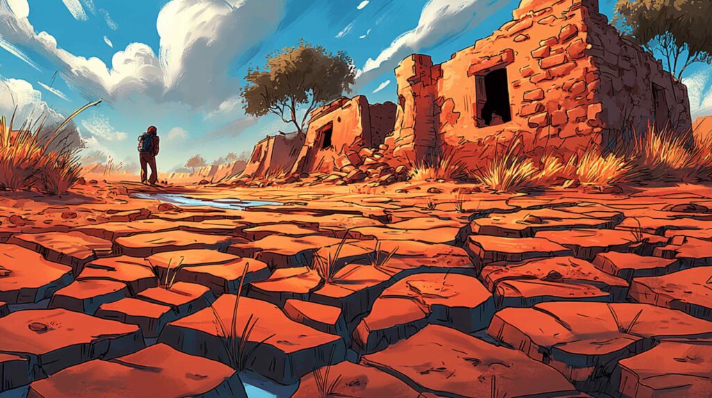 A wide-angle, desolate cinematic landscape of cracked, sun-baked Mesopotamian earth under a hazy, overcast sky no horizon visible, the ground split into irregular tiles of drought. In the mid-distance, the eroded remains of a mud-brick structure emerge from the ground. The color palette is pale ochre and ash-white, conveying not destruction but abandonment a world that simply stopped.