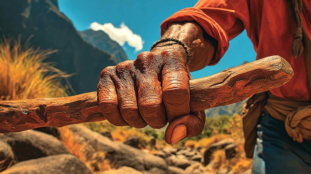 A hyper-realistic, intimate close-up of weathered hands gripping a carved wooden rest-stick on a mountain trail the knuckles prominent, the skin darkened and deeply lined by altitude and sun, the stick's wood polished smooth by years of grip. The background is defocused mountain terrain. The image should focus entirely on the hands as objects of testimony: what they have held, how long, at what cost