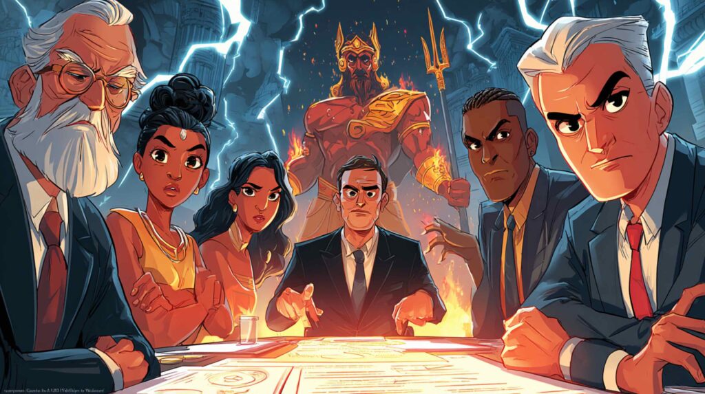 Epic dark comic-book cover illustration, "toxic workplace through mythology" concept, six mythological archetypes representing corporate dysfunction arranged in a dramatic cinematic composition like a corrupted divine boardroom council, Zeus as an arrogant thunder-wielding executive king seated above storm clouds, Hera as a cold calculating queen with restrained fury, Tezcatlipoca as a shadowy Aztec trickster holding a smoking obsidian mirror reflecting distorted faces, Apollo as a radiant golden visionary detached above the chaos, Seth as an Egyptian architect of sabotage leaning over strategic blueprints and a golden coffin, Eshu as the calm crossroads mediator standing between opposing forces, ancient mythological architecture blending Olympus, Aztec temple, Egyptian hall, and Yoruba crossroads with subtle modern corporate skyscraper silhouettes in the background, office workers as tiny overwhelmed figures below, storm lightning, fractured glass, floating documents, dark indigo, gold, crimson, volcanic black color palette, ultra-detailed premium graphic novel illustration, DC/Marvel comic cover aesthetic, cinematic dramatic lighting, powerful symbolic composition, editorial feature image, no text, clean negative space for blog title overlay