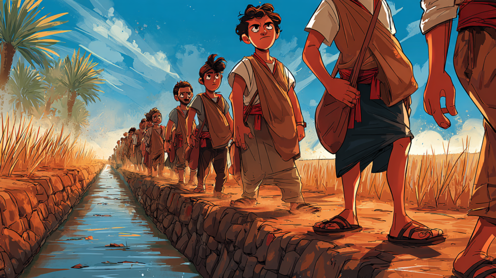 A hyper-realistic, wide-angle cinematic depiction of an ancient Sumerian irrigation canal at dawn workers in rough-woven linen moving along the earthen banks, the flat Mesopotamian floodplain stretching to the horizon in warm amber and gold, dust motes hanging in still air. The sense of scale should emphasize collective human labor against an indifferent landscape, the canal a thin silver line carved into baked earth.