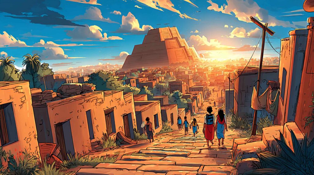 A cinematic overhead perspective of an ancient Uruk street grid at golden hour, narrow mud-brick lanes converging on a stepped ziggurat that catches late light above the cityline. The camera angle suggests a god's-eye view distant, analytical while at street level, the texture of daily life (vendors, scribes, children) creates intimate contrast with the monumental architecture above