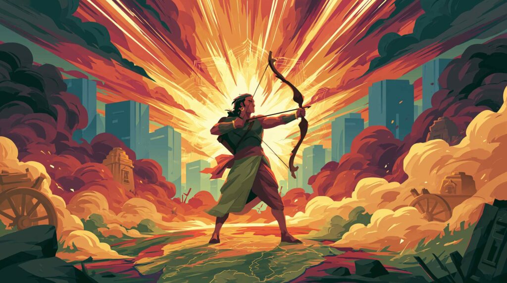 A sweeping cinematic composition in warm amber and deep forest green, depicting Lord Rama walking a jungle path at golden hour, flanked by Lakshmana both dressed in simple cloth, the rich robes of Ayodhya conspicuously absent, Rama's gaze forward and composed, a vast army of figures emerging from the treeline behind him, following without being summoned.