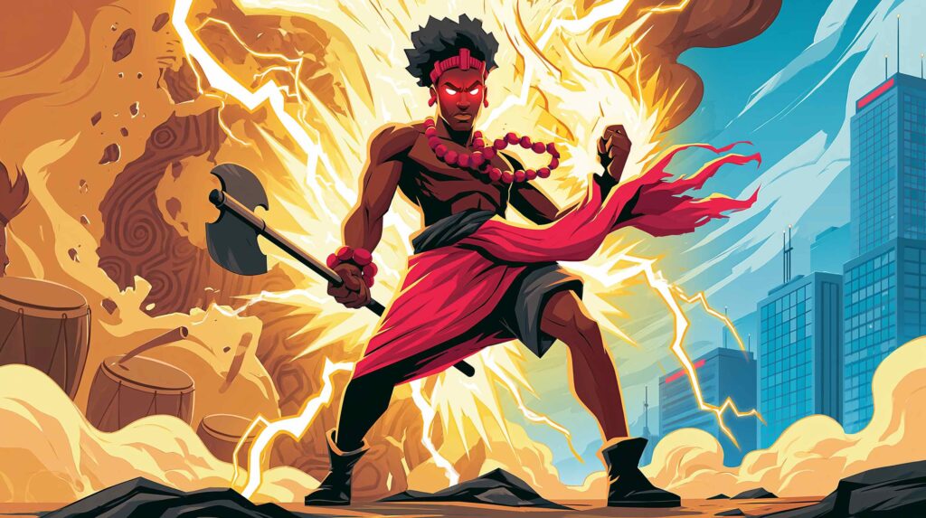 A hyper-detailed cinematic image of Shango in full regalia the double-headed Oshe axe raised overhead, electric-blue lightning fracturing the sky behind him in two symmetrical arcs, warm red firelight from below illuminating the intricate patterns of his ceremonial dress, the architecture of an Oyo palace visible in the background, partially obscured by storm-dark smoke, the scene charged with both power and imminent consequence.