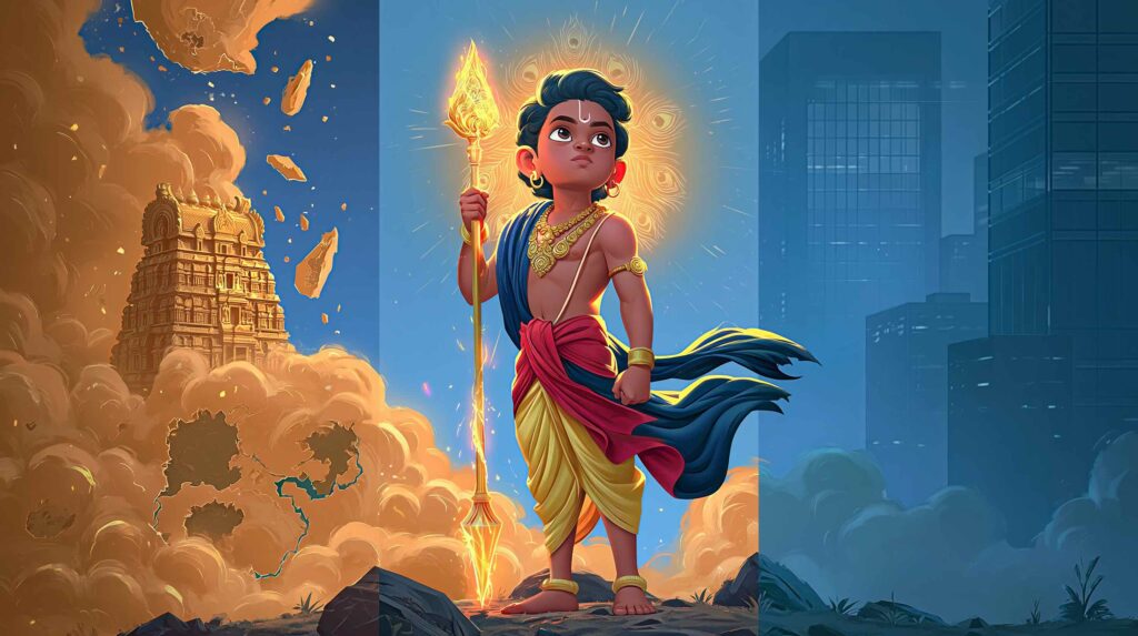 A dramatic full-body cinematic portrait of Murugan at the peak of Mount Palani, each of his six faces turned to a different cardinal direction, each expression uniquely composed alert, contemplative, sovereign, watchful a peacock poised at his feet with its tail fully spread, the six faces catching light from six different sources simultaneously, the mountain summit behind him descending into layered mist, Tamil Nadu's ancient landscape visible in six directions below.