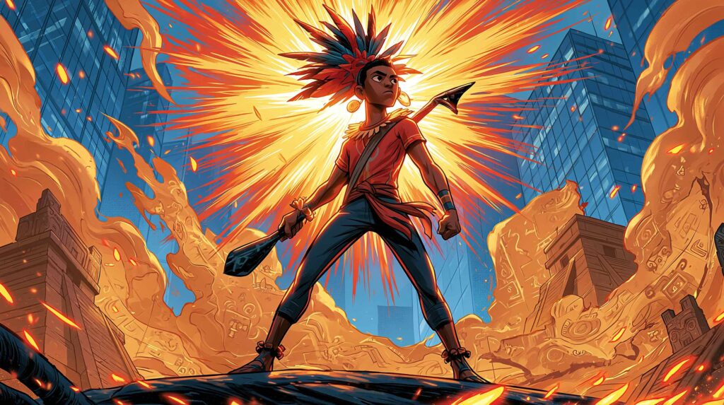 A hyper-realistic, dark-cinematic depiction of Huitzilopochtli at the cusp of dawn an Aztec warrior-deity standing at the apex of a steep pyramid staircase, the sky above split between abyssal black and molten orange, the sun visibly struggling to crest the horizon behind him, his headdress of hummingbird feathers illuminated in warm iridescence, below the pyramid a vast plain of human figures moving in purposeful formation the image heavy with the weight of necessary sacrifice and the cost of purpose taken to its extreme.