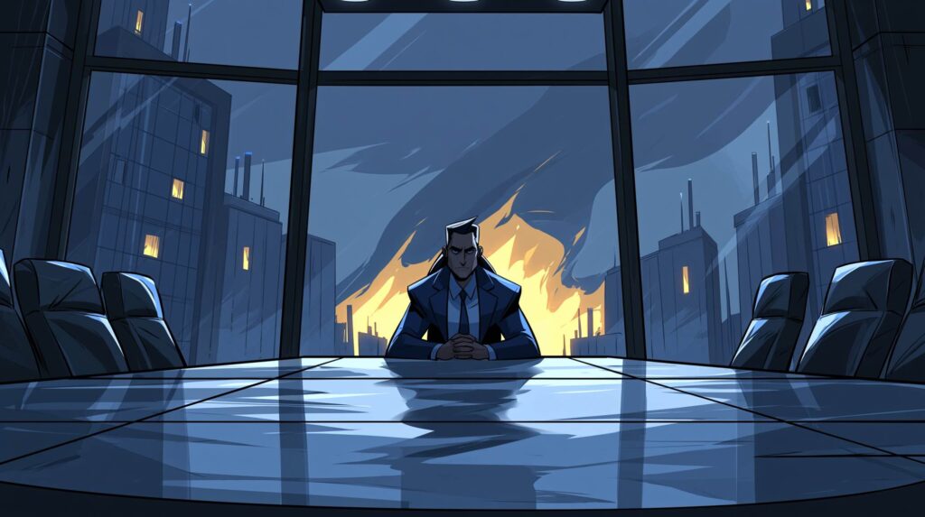 Cinematic, hyper-realistic editorial photo of a modern glass-walled corporate boardroom. A sleek, high-gloss conference table reflects intense, contrasting light. In the center, a mysterious corporate professional sits, their silhouette subtly blurring and shifting into fluid, ambiguous shadows to evoke the mythic sea-god Proteus. The atmosphere is heavy with psychological tension and office politics. Dramatic chiascuro lighting dominated by a striking color palette of deep, rich violet shadows and sharp, glowing amber-yellow highlights. Shallow depth of field, highly detailed, 8k resolution, corporate thriller aesthetic