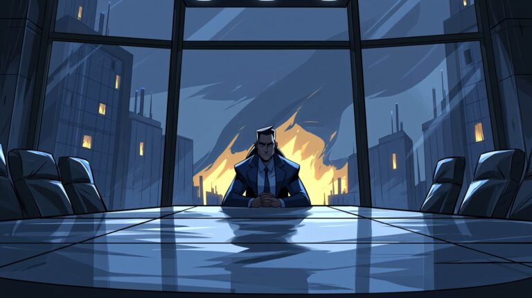 Cinematic, hyper-realistic editorial photo of a modern glass-walled corporate boardroom. A sleek, high-gloss conference table reflects intense, contrasting light. In the center, a mysterious corporate professional sits, their silhouette subtly blurring and shifting into fluid, ambiguous shadows to evoke the mythic sea-god Proteus. The atmosphere is heavy with psychological tension and office politics. Dramatic chiascuro lighting dominated by a striking color palette of deep, rich violet shadows and sharp, glowing amber-yellow highlights. Shallow depth of field, highly detailed, 8k resolution, corporate thriller aesthetic