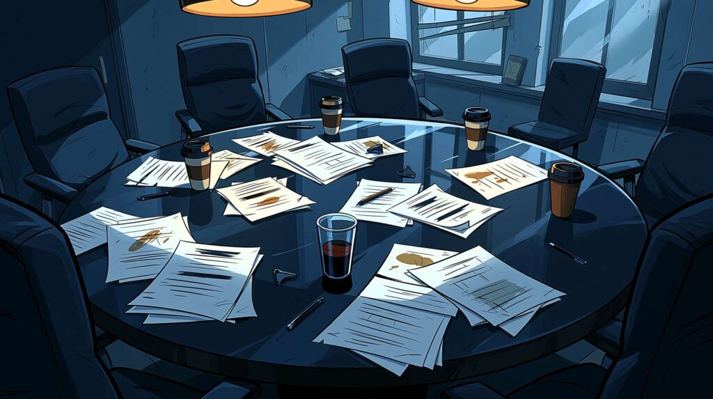 Cinematic overhead view of a high-gloss corporate boardroom table covered in scattered strategy documents, with most chairs showing clear signs of occupancy coffee cups, marked-up papers, pens while one chair is pristine and empty, suggesting deliberate structural absence rather than mere physical absence.