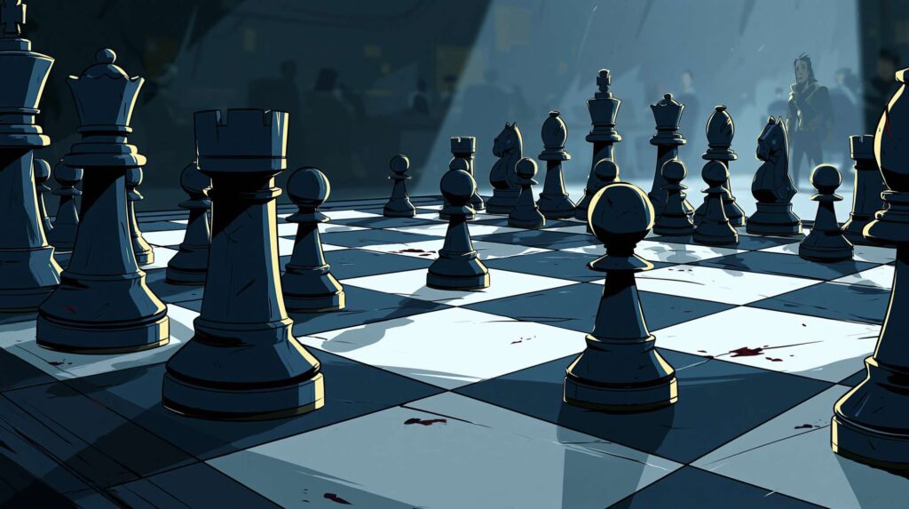 Intense close-up cinematic rendering of a half-lit chess board mid-game in a darkened corporate office, multiple pieces engaged in complex formations while a single square near the center remains conspicuously empty symbolizing the strategic calculation of deliberate non-commitment in organizational politics.
