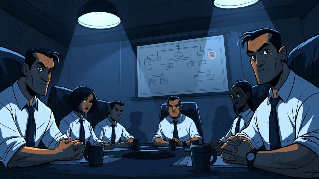 Moody cinematic depiction of a formal succession meeting in a dimly lit executive conference room, a single organizational chart projected on the wall, one name circled in red light while others remain in shadow symbolizing the hidden political calculus behind promotion decisions in large organizations.