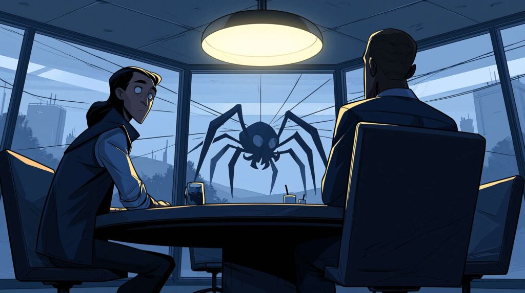 Hyper-realistic cinematic depiction of three shadowed figures a Norse trickster in ambiguous posture between two opposing factions, a spider deity perched at the intersection of multiple converging threads, and a shapeless sea god mid-transformation rendered in the cold fluorescent glow of a contemporary glass-walled conference room, symbolizing the three mythological lineages of strategic neutrality in organizational life.